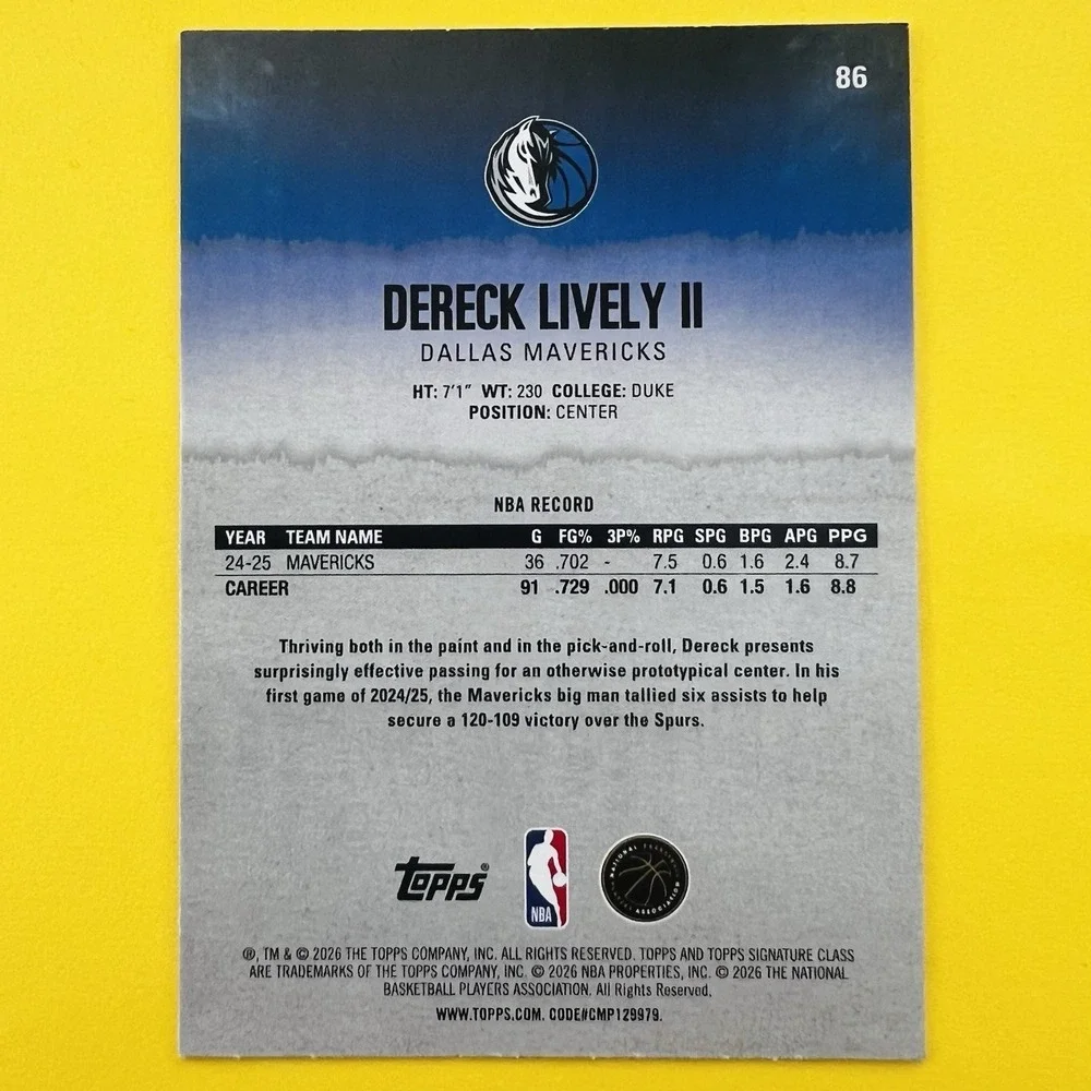 2025-26 Topps Signature Class Bronze Round 1 Pick‎ Dereck Lively II #86 RC